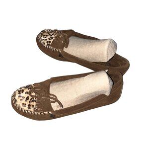 Minnetonka Womens Brown Suede Moccasins With Leopard Print Accent Size 9